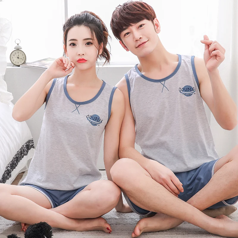 

Cool Summer Cotton Couple Pajamas set Sleeveless + Shorts Sleepwear Suit Men and Women Casual Homewear lover Pajamas