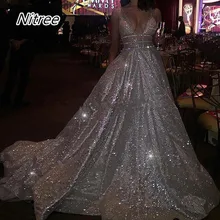 Сексуальная v-образным вырезом A Line открытая спина специальная блестящая ткань Формальные Вечерние платья длинное платье для выпускного бала Vestidos De Festa Blining Trouwjurk