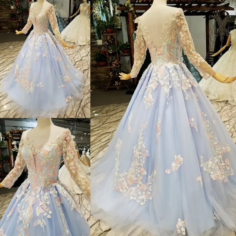 

Real Sample Beaded Long Sleeve Evening Dresses With Sweep Train Blue Cheap Prom Dresses 2017 Party Gowns In Stock