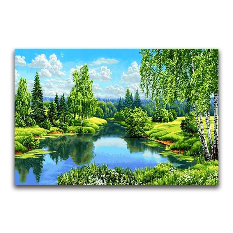 5D DIY Diamond Embroidery Forest Landscape Green Trees River Water Diamond Painting Cross Stitch Mosaic Decoration