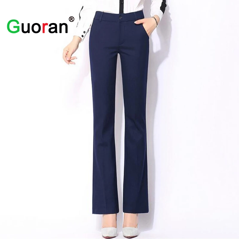 {Guoran} Women Long Woolen Pants Winter Black Grey Blue Ladies High