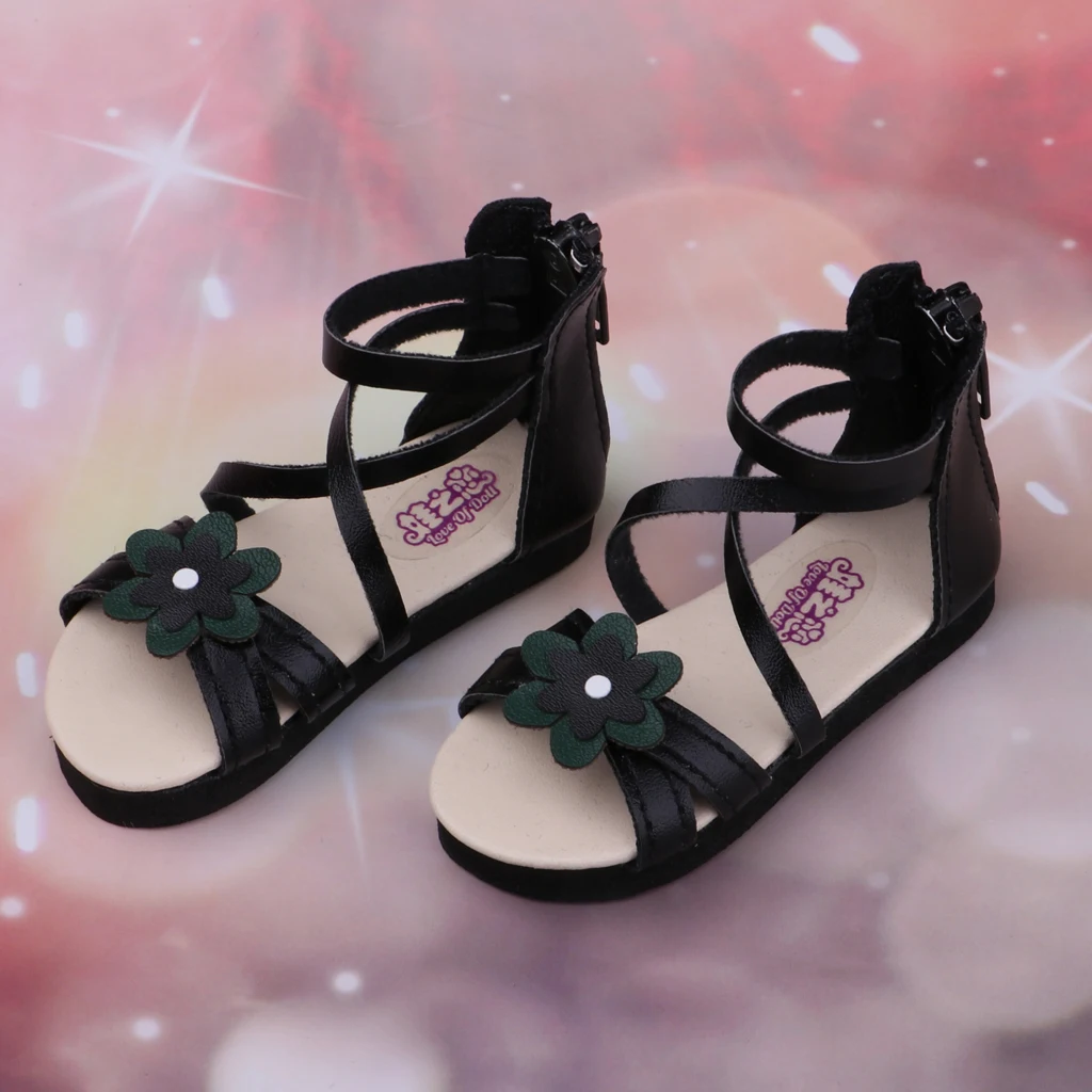 Fashion Girl Dolls PU Shoes Flower Sandals Flats For Dollfie 1/3 BJD Doll Summer Costume Accessories Black