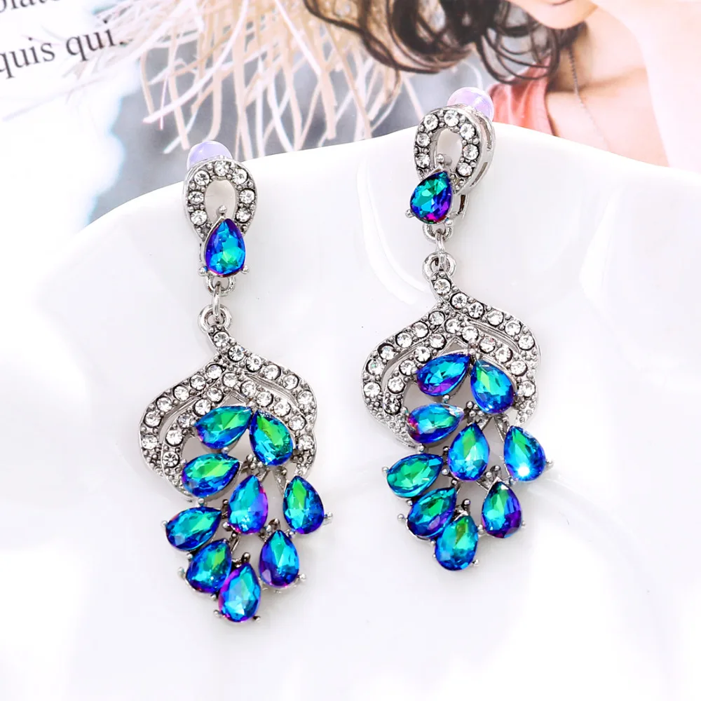 

New Fashion Silver Plated Dangle Hanging Gem Stone Rhinestone Long Drop Earrings For Women Jewelry brincos bijoux Wholesale