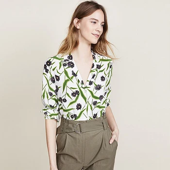 

100% Silk Blouse Women Shirt Printed Turn-down Collar Long Sleeves Simple Design Casual Top Vintage Style New Fashion 2018