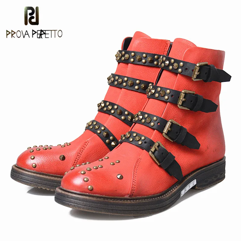 

Prova Perfetto 2018 Top Sale Cow Leather Short Boots Mixed Colors Do the Old Retro Ankle Boots Rivet Belt Buckle Strap Shoes