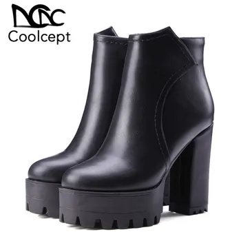 

CoolCept Sexy Office Lady Thick High Heels Women Warm Fur Lined Platform Thick Platform Club Fashion Ankle Boots Size 32-42