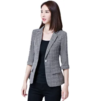 

Spring Woman Plus Size Three Quarter Sleeve plaid Blazers Korean Edition Notched Single Button Slim Fit Blazers Elegant OL Coat