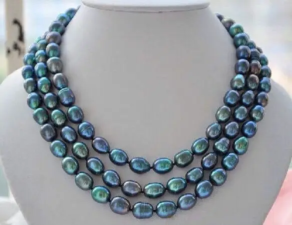 

LONGER 52"8X10mm Natural south sea genuine Peacock green Drop pearl necklace AAA