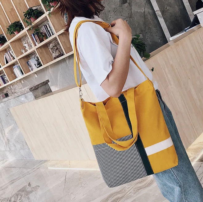 Однотонные холщовые сумки на плечо Экологичная сумка для покупок полосатая модная сумка-шоппер многоразовая хозяйственная сумка