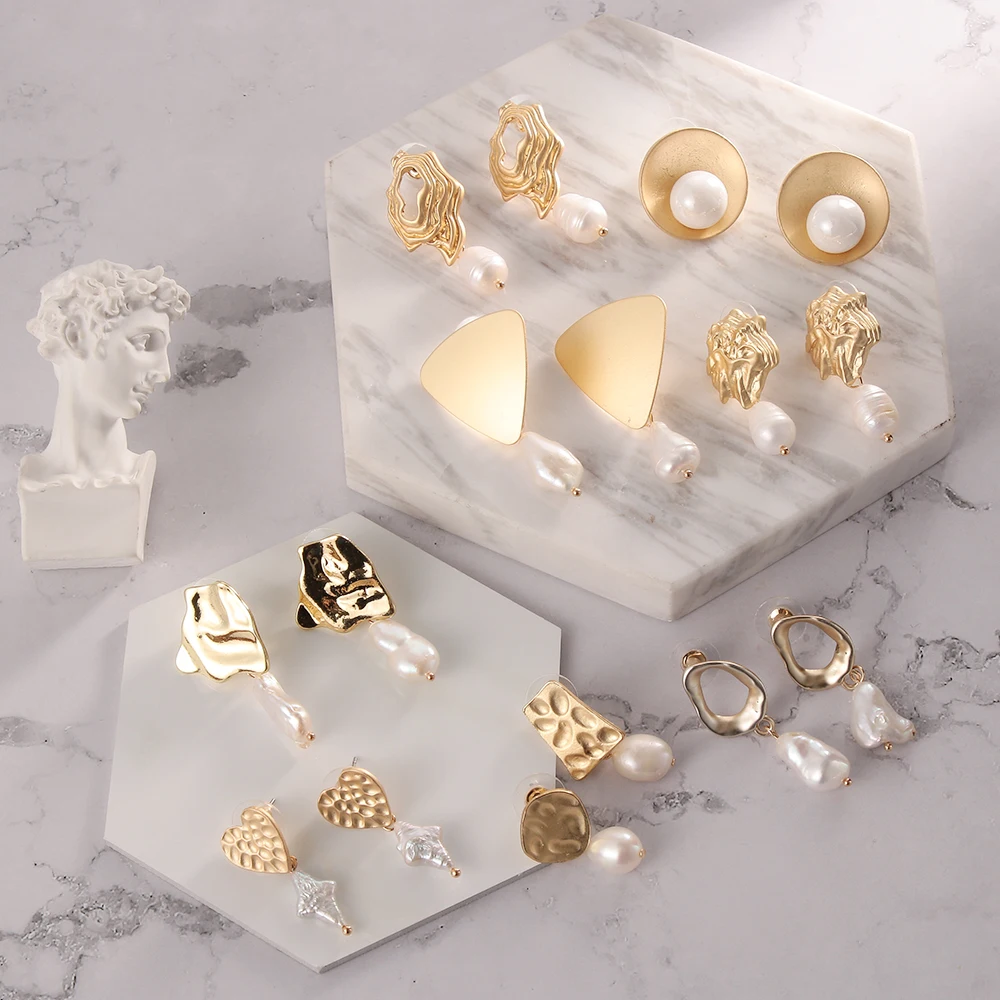 

Multiple Style Matte Metal Gold Love Heart Triangle Geometric Irregular Natural Freshwater Pearl Stud Earrings Jewelry for Women