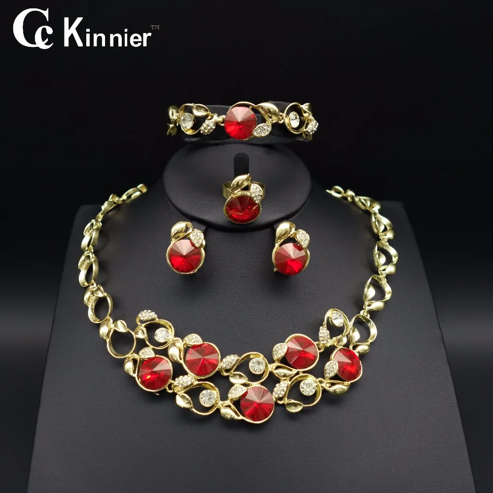 

African beads Nigeria Wedding gold-color Dubai Fashion women Bridal exaggerated red Necklace Bracelet ring Earrings jewelry sets
