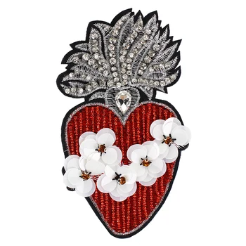 

Beaded Rhinestone Heart Patches Sew on Sequin Flower Applique for Brooches Clothes Hat Embroidery Badge 5 pieces