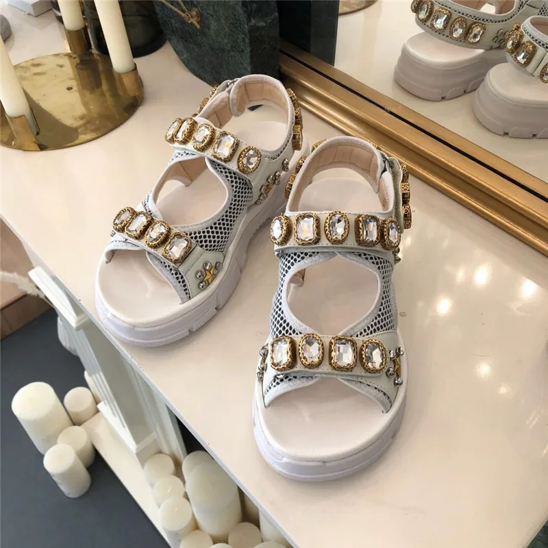 Big Rhinestone Chunky Sandal Women Platform Crystal 2019 Summer Ladies Shoes Thick Sole Height Increasing Mesh Casual Sandal
