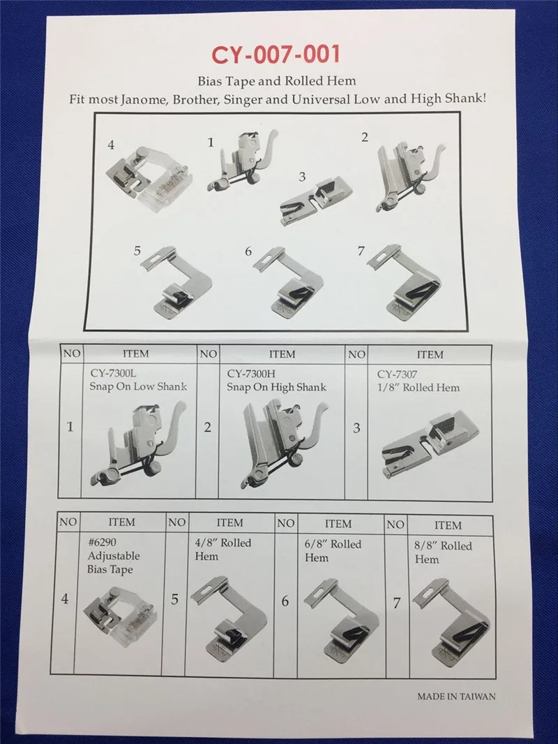 7 шт. косой пеньковый Биндер ножной набор CY-007-001 для Singer Brother Toyota Pfaff Babylock домашняя швейная машина с низким хвостовиком 7YJ50