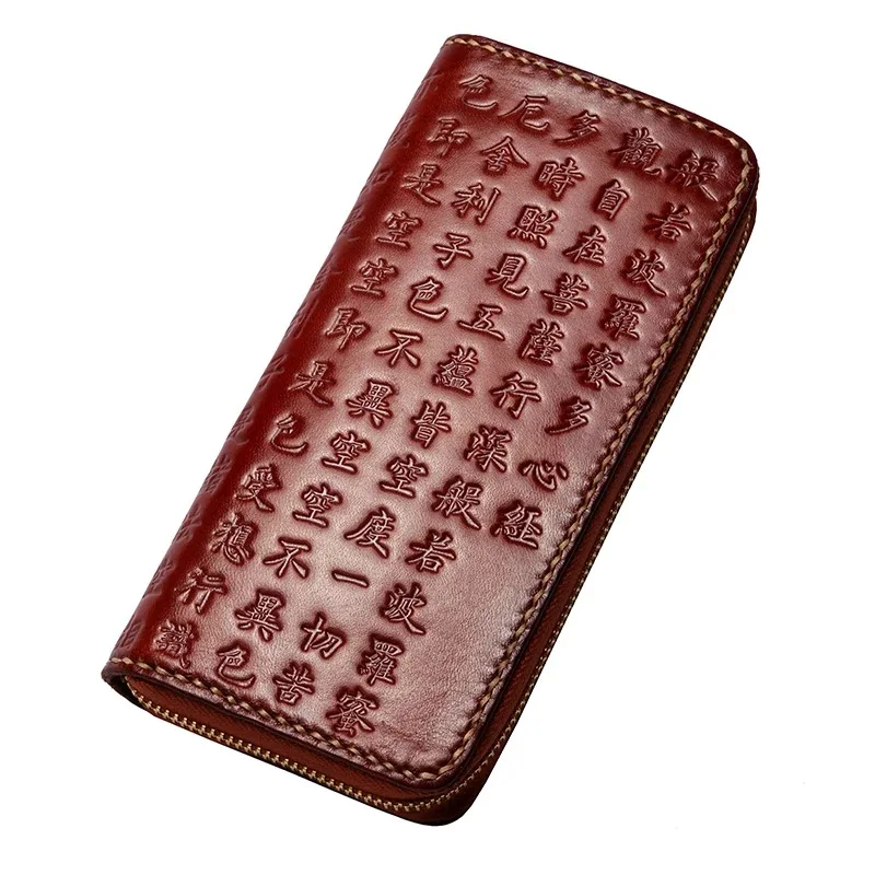 Prajna Für Pendant Geprägte leather Mann Reißverschlusstasche Lange brown Chinesischen Paramita metal Schwarzes Männer Kupplung Organizer Wristband Vollrindleder Große Geldbörse Designer Brieftasche 55pxwRO