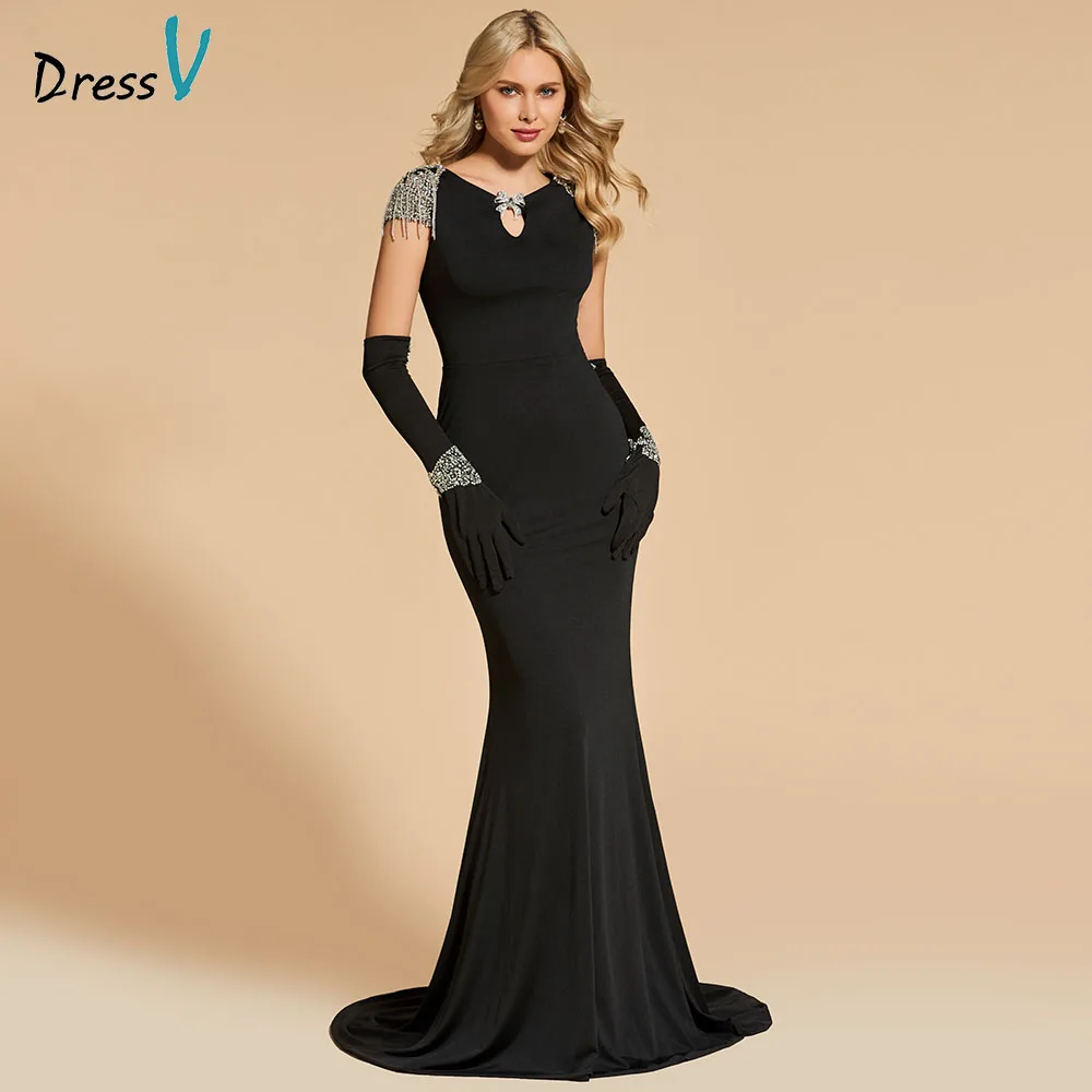 Dressv Черное вечернее платье с глубоким вырезом, Русалка, короткие рукава, длина до пола, бисероплетение, свадебное вечернее платье, вечернее платье es - Цвет: Black