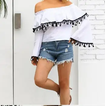 

Autumn Women Ruffles Blouse Off the shoulder Sexy Slash Neck Tassel Flare Sleeve Female Tops Tees White Shirts Blusas Feminin