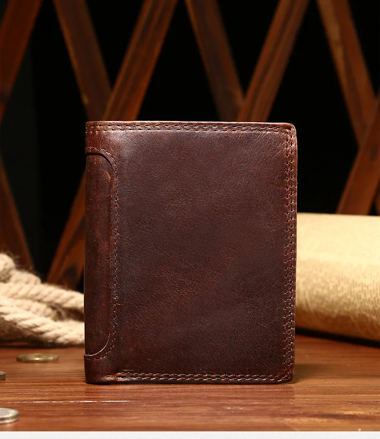 MJ Genuine Leather Men's Short Wallet Retro Bi-Fold Leather Wallet Card Holder Male Purse Coin Pocket ID Window Photo Position (1)