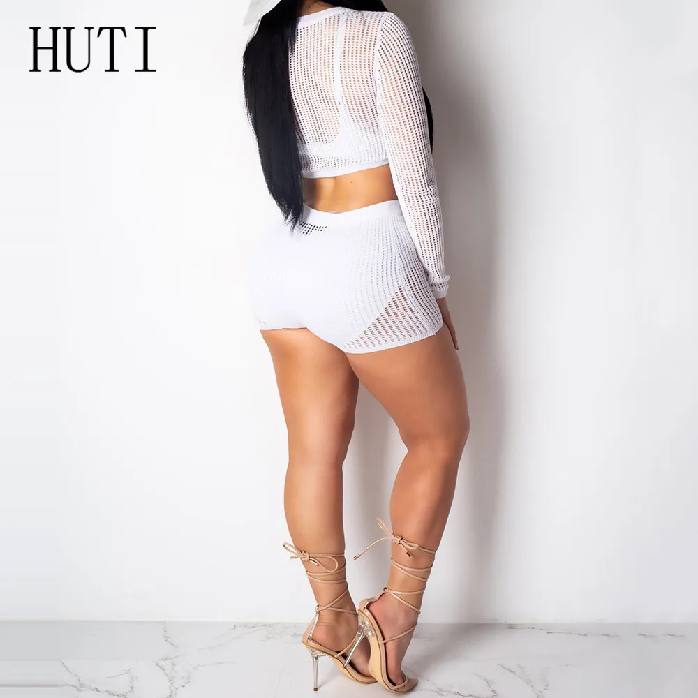 HITI Fashion Sexy Openwork Beachwear Long Sleeve Hollow Out Grid Two Pieces Sets Playsuits for Women Black Club Party Bodysuits HITI Fashion Sexy Openwork Beachwear Long Sleeve Hollow Out Grid Two Pieces Sets Playsuits for Women Black Club Party Bodysuits