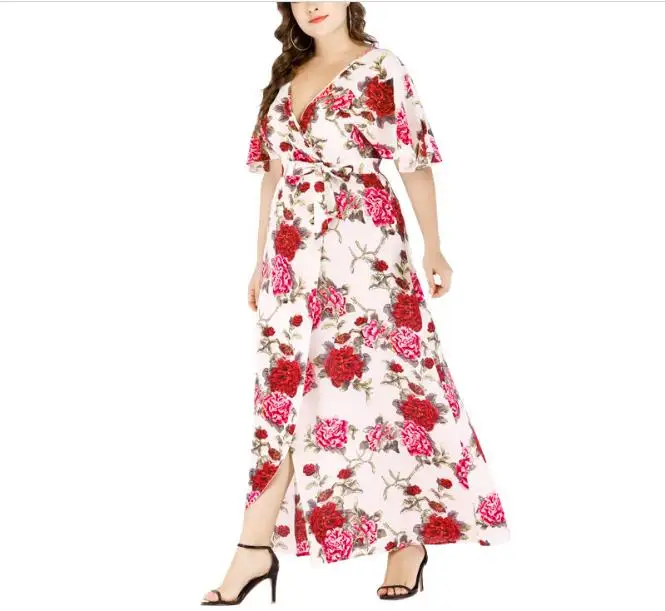 

Women Long Maxi Dress 2019 Summer Floral Print Boho Beach Dress Short Sleeve Evening Party Dress Tunic Vestidos Plus Size XXXL