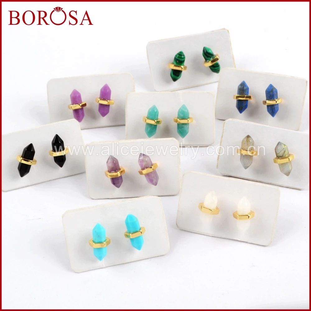 

BOROSA 5pairs Gold Color Multi-kind Natural Stone Faceted Point Studs Drusy Agates Labradorite Gems Earrings Jewelry ZG0348