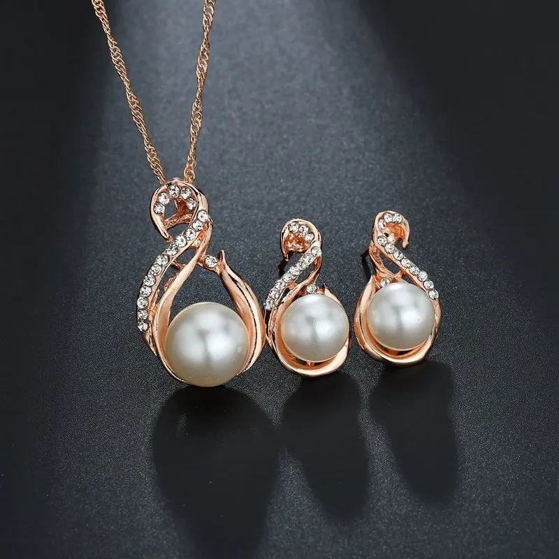 

Vintage Imitation Pearl Pendant Necklace Earring Classic Jewelry Set For Women Elegant Fashion Rhinestone Costume Jewelry Sets