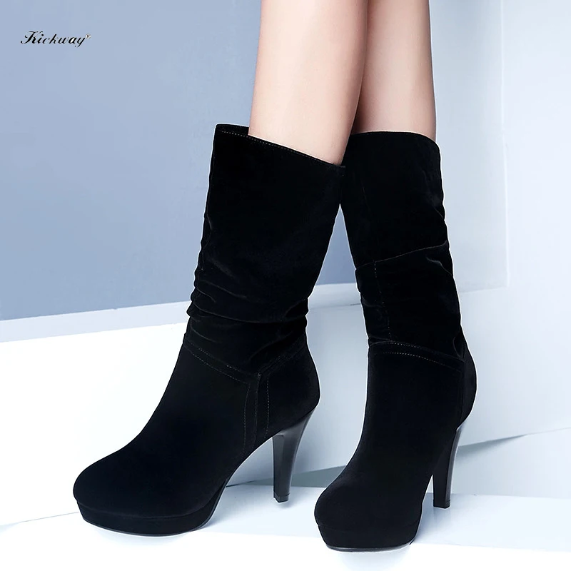 

Winter boots women 2016 Autumn Winter Hot Fashion Ladies Sexy mid calf Boots platform thin High Heels Flock Women shoes 433
