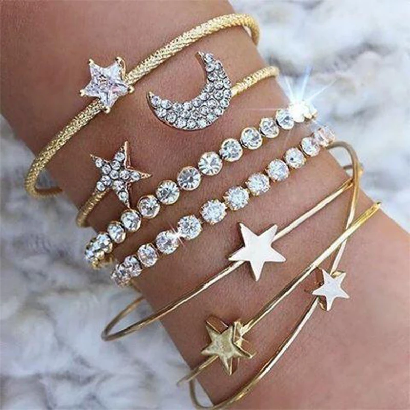 4-Pcs-set-Punk-Retro-Charm-Simple-Moon-Star-Heart-Crystal-Elasticity-Bracelet-Party-Jewelry