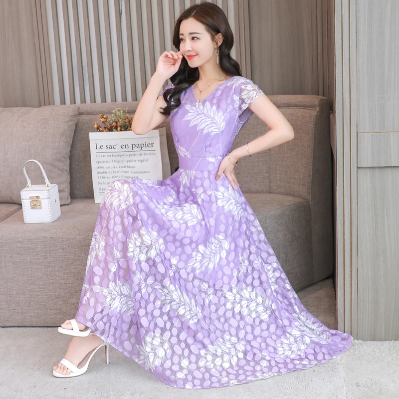 

Plus Size M-3XL 2019 Summer New Arrival Elegant V Collar Short Sleeve Flower Printed Woman Chiffon Long Dress