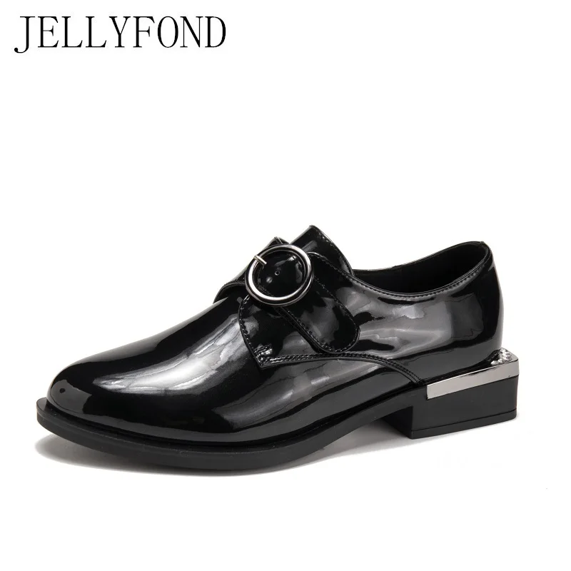 

JELLYFOND Brand Black Patent Leather Women Oxfords Flats 2018 Pointed Toe Metallic Buckle Low Heels Designer Cowhide Shoes Woman