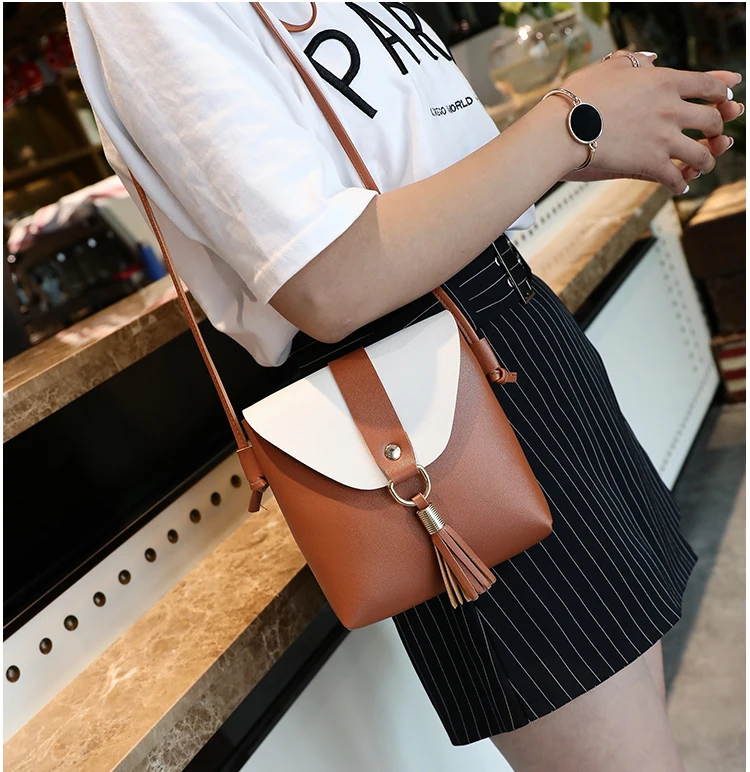 

New PU Leather Women Bucket Shoulder Bag Fashion Panelled Tassel Crossbody Bag Female Messenger Bag Small Handbags