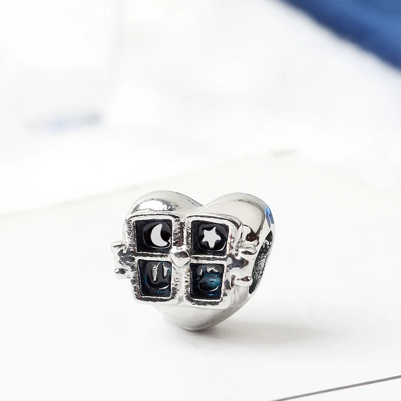 

5PCS New Silver Dream Bijoux Blue Enamel Window of the Heart Moon Star Bead Fit Love DIY Women Bracelet Necklace Jewelry Making