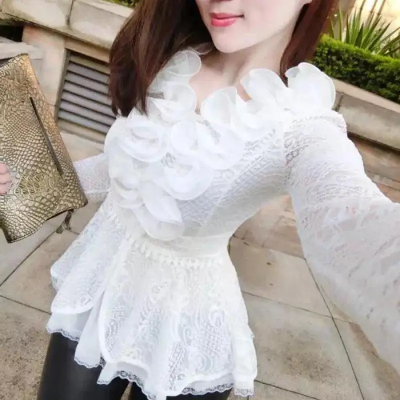 

New Spring Autumn Long Sleeved Elegant Blouse Women Slim V Neck White Cuasal Tops Laides Ruffles Basic Korean Lace Blouse Mujer