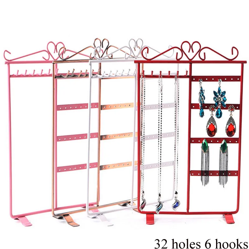 

Popular 32 Holes 6 Hooks Earrings Stud Necklace Jewelry Display Jewelery Organization Multifunctional Metal Display Stand Holder