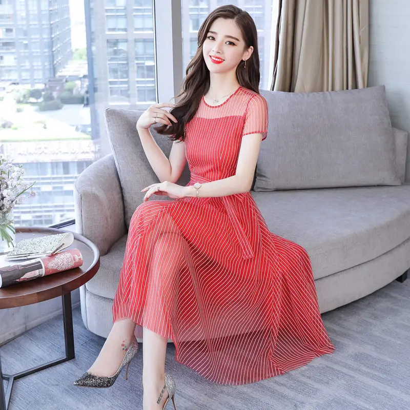 

Korea New Fashion Elegant Red Solid Chiffon Dress Women Summer O-Neck Short Sleeve Knee-Length Dresses Female Vestidos Mujer