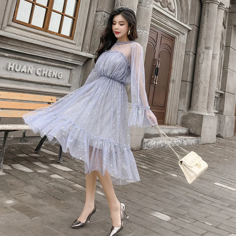 

autumn style fashion Women's Clothing blingbling mesh dress flare sleeve sequined perspective dresses vestidos femininos new