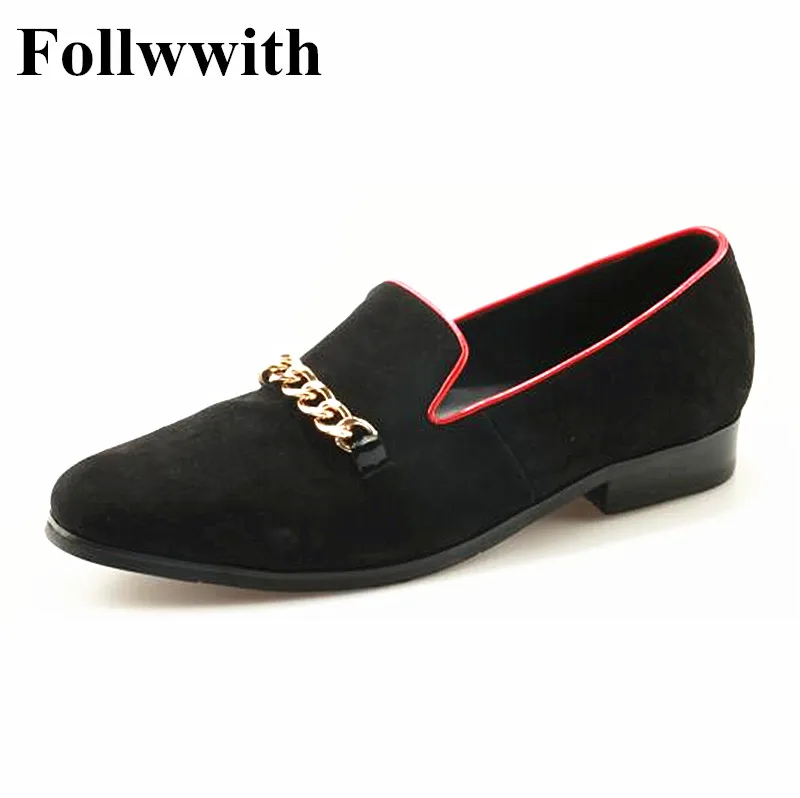 

New Front Gold Chains Round Toe Red Bordered Men Loafers Slip On Luxury Design Suede Flats Square Heel Shoes Men