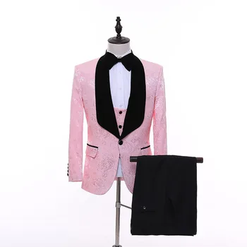 

Men's suit fashion pink pattern suit three-piece suit (jacket + pants + vest) business casual suit wedding banquet dress