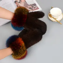 Ianlan Роскошный натуральный мех перчатки для Для женщин, вязаная, с натуральным норковым мехом, с отделкой из меха лисы; рукавицы зимние 100%