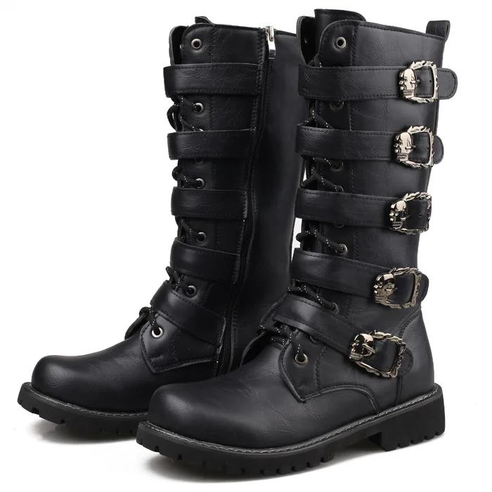 

Mid-Calf Motorcycle Women Boots PU Leather Skull Winter Shoes Botas Hombre High Top Women Shoes Plus Size 37-45