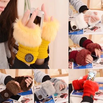 

Cute Faux Rabbit Fur Knitted Gloves Female Winter Half Hand Warmer Button Wrist Gloves
