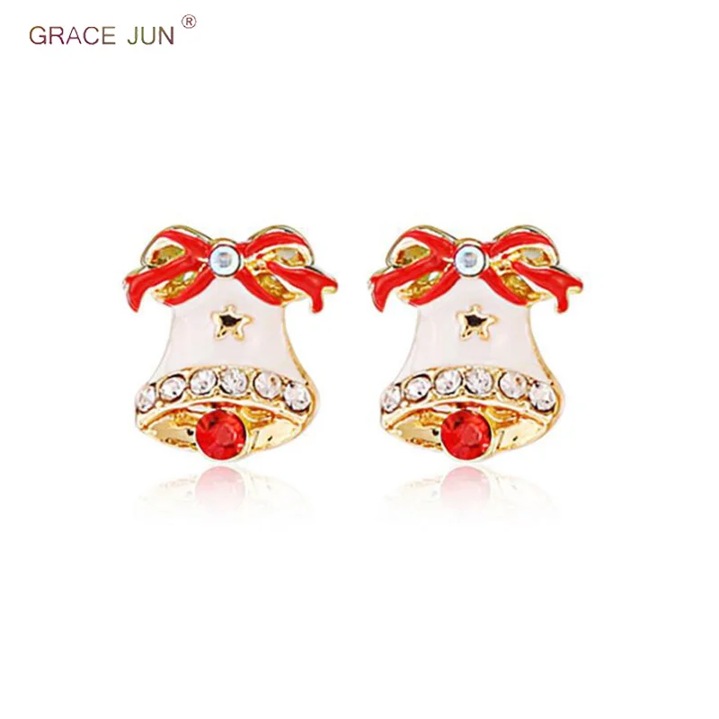 

GRACE JUN New Arrival Christmas Bow Small Bell Clip on Earrings Non Pierced for Women Charm Ear Clip Factory Wholesale Brincos