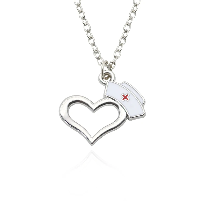 Enamel-White-Nurse-Hat-Pendant-Necklace-Unisex-Prayer-Cross-Hollow-Heart-Charm-Necklaces-For-Nurse-Doctor