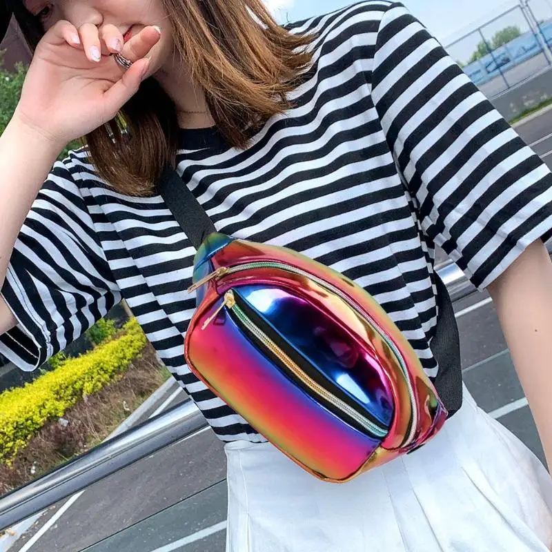 

Punk Laser Shoulder Waist Handbags Women Bright Leather Fanny Chest Bags