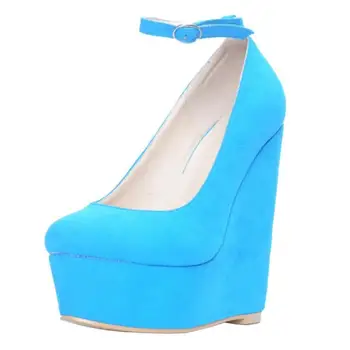 

New Designer Blue Suede Wedge Shoes Women Round Toe Ankle Wrap Plus Size Pumps Women Shoes High Platform Thick Sole Ladies Shoes