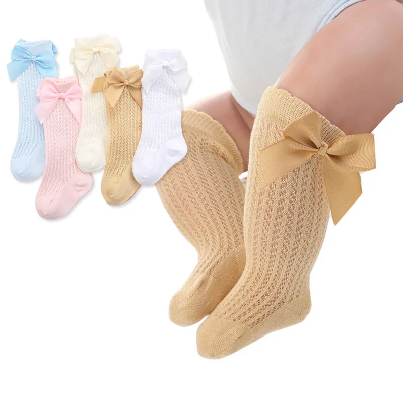 Cute Bowknot Baby Socks Cotton Baby Girls Knee Socks Spring Summer Mesh For 0-2Y