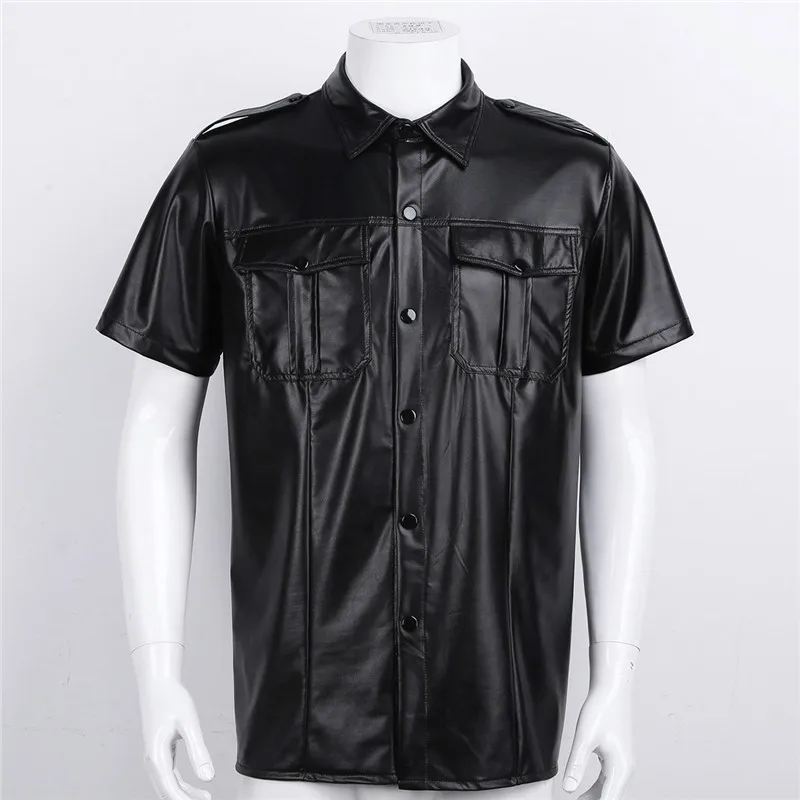 Mens sexy Soft faux leather t shirts Male black Tees tight shirts Undershirts As Police Uniform Shirt Tops with Down Collar