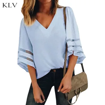 

Womens Sexy Deep V-Neck Solid Color Mesh Splicing Striped 3/4 Bell Sleeves Oversized Loose Pullover Tops Casual Blouse