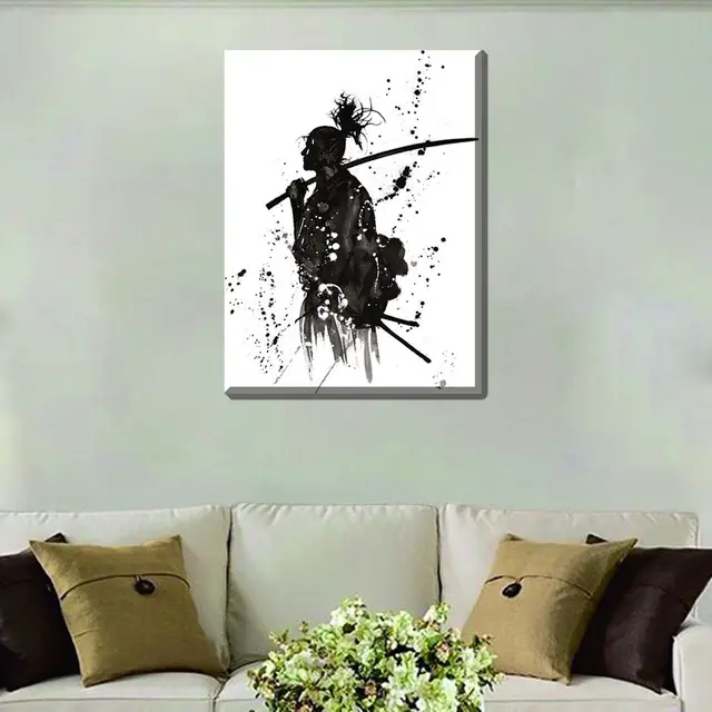 Poster Print White And Black Ink Painting Japanese Samurai Cool Painting For Living Room Wall Art Christmas Decorations For Home