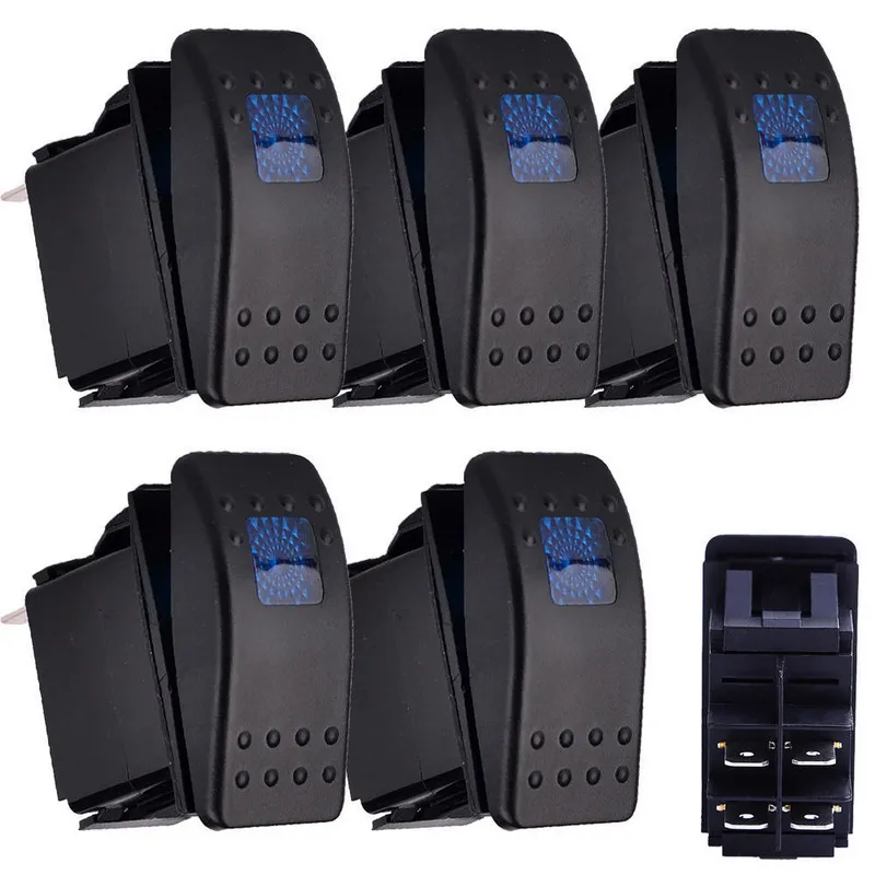 

5Pcs 4 Pin Waterproof Universal Car Accessories 12V 20A Bar Rocker Toggle Switch Blue LED Light Car Boat